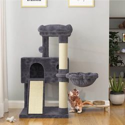 36" Cat Tree with Cat Hammock, Multi-Level Cat Condo with Scratch Post, Ramp and Top Perch, Soft Plush for Kittens, Smoky Grey