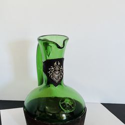 Vintage Green Glass Decanter with Leather Style Base & Crest Neck Wrap