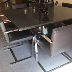 CUSTOM DESIGNER 5-1/2’ SQUARE BLACK GRANITE DINING TABLE + 8 AUTHENTIC KNOLL BRNO ARM CHAIRS