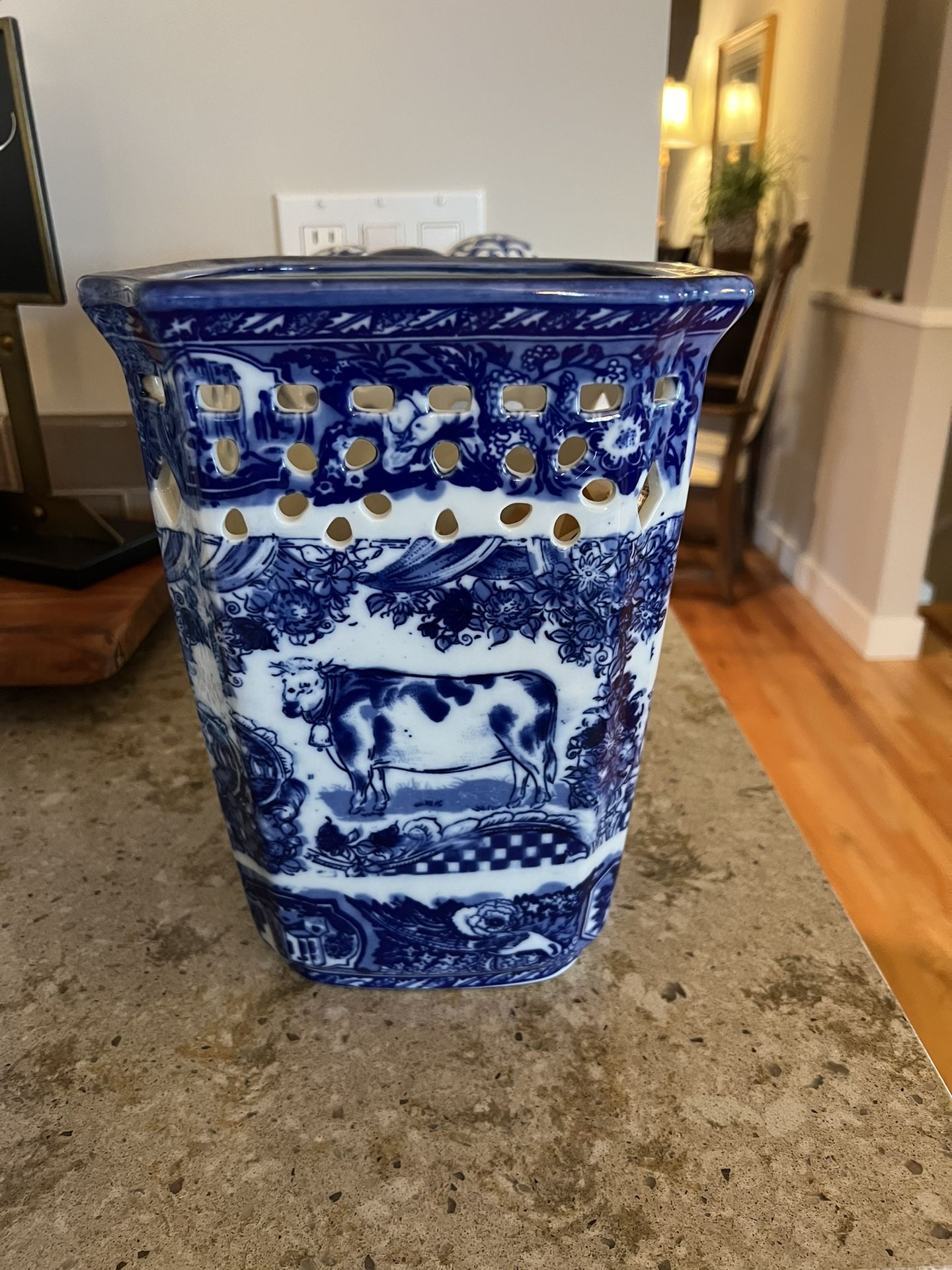 Large Ceramic Blue And White Square Decorative Vase