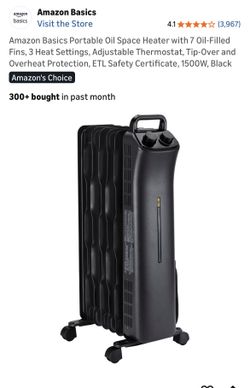Amazon Basics Portable Oil Space Heater with 7 Oil-Filled Fins, 3 Heat Settings, Adjustable Thermostat, Tip-Over and Overheat Protection, ETL Safety C