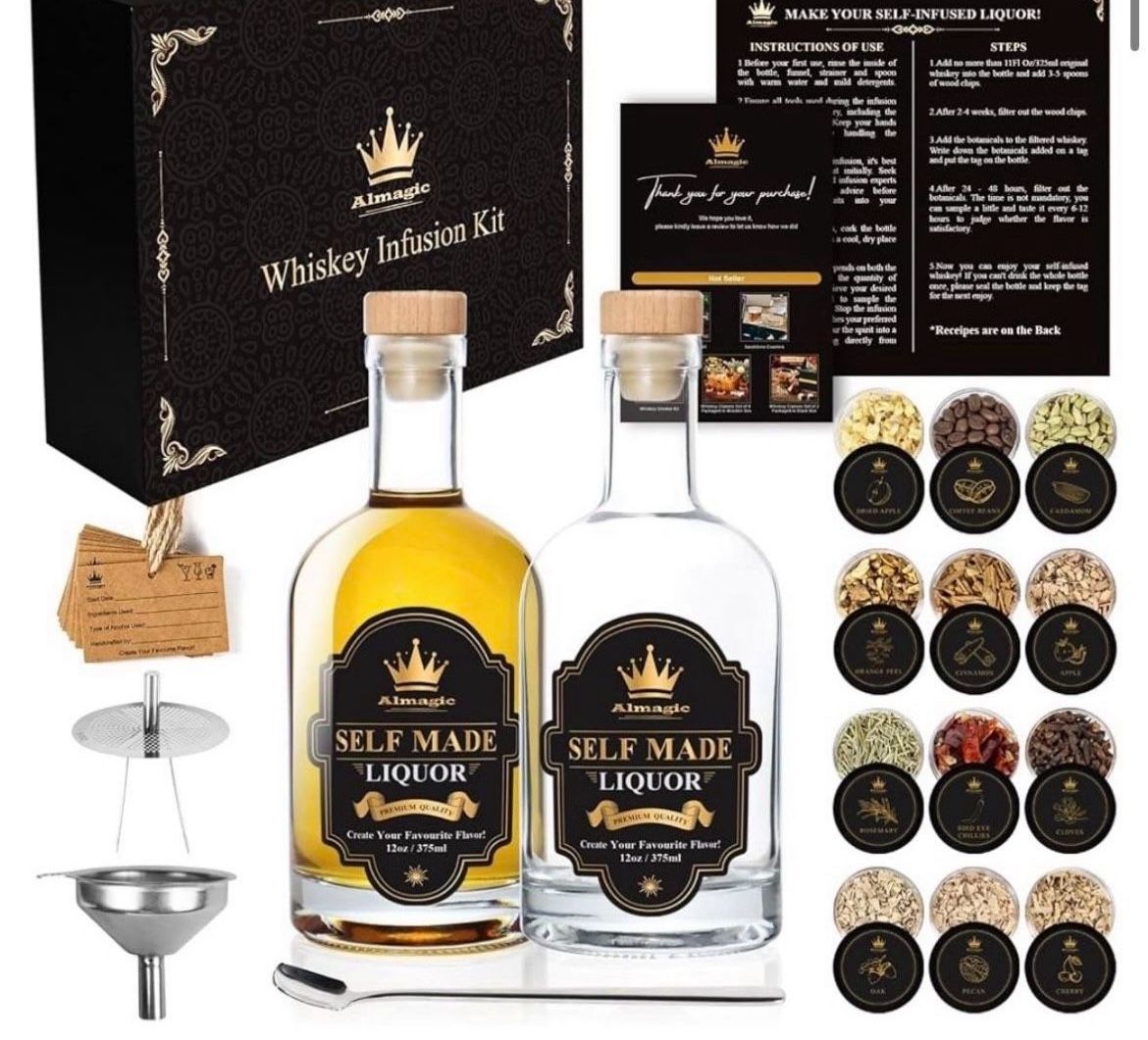 NEW Whiskey Infusion Kit Gift for Men | DIY Whiskey Set to Create Own Flavor | Includes 4 Wood Chips, 8 Ingredients, Complete Tools, and Infusion Reci