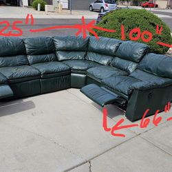 Green Leather Sectional W/ Recliners 