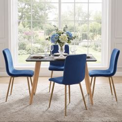 Homy Casa ROOKIE S+SCARGILL 5-Piece Dining Set, 43.3-Inch Black Table with 4 Blue Upholstered Chairs and Gold Frames Open Box