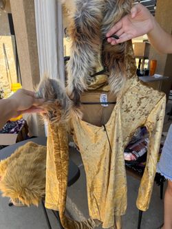 Lioness Gold Velvet Lion Hoodie with Faux Fur Boot Covers, Romper Costume
