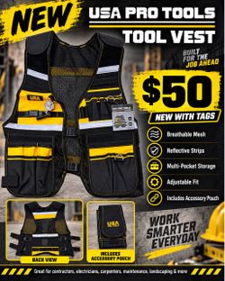 $50 New New USA Pro Tools Tool Vest – Heavy Duty Multi-Pocket Work Vest