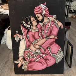 Sequined & Jeweled India Handpainted Fabric Textile Wall Art 21x28