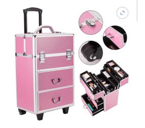 Ktaxon 3 in 1 Pro Rolling Aluminum Makeup Case, Lockable Cosmetic Train Box Storage Trolley, Pink