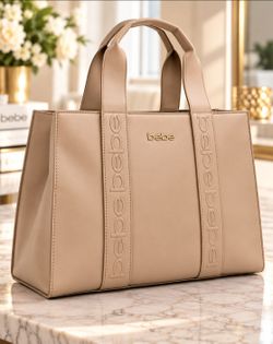 bebe Hana Taupe Logo Tote Bag NWT Large Faux Leather MSRP $129
