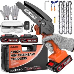 JPOWTECH Mini Chainsaw Cordless 6-Inch with 2 Batteries & Security Lock, Small Portable Handheld Electric Power Chain Saw for Gardening, Wood Cutting 