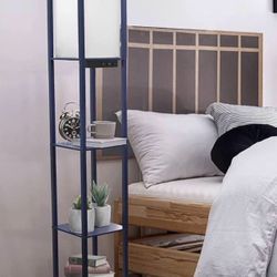 Floor Lamp Etagere Organizer Storage Shelf with 2 USB Charging Ports, 1 Charging Outlet and Linen Shade, Navy Blue in Floor Lamps by Simple Designs