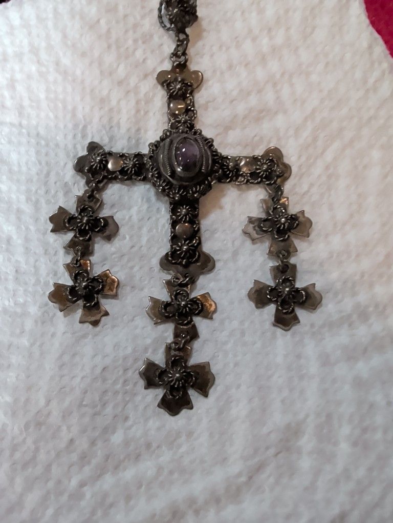 Vintage Taxco Sterling Yalalag Cannetile Cross Pendent