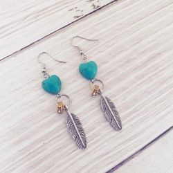 KoleJax Jewelry Turquoise Heart and Feather Earrings, comes on French Wires