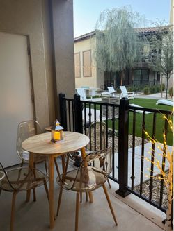 Dining chairs and table, stools