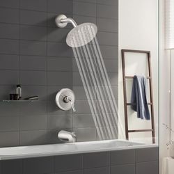 Tub Shower Faucet Set (Valve Included) with 6-Inch Rain Shower Head and Tub Spout Single-Handle Tub and Shower Trim Kit Brushed Nickel