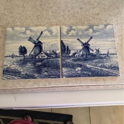 Blue and white windmill made in Holland tiles two