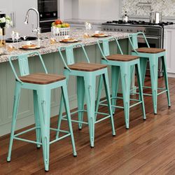 Set of 4 Counter Height Barstools Industrial blue