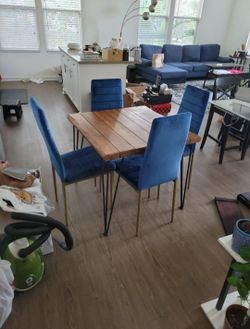 Dining Set W/4 Blue Gold Velvet Chairs