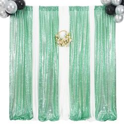 Green Sequin Backdrop Curtain, 4 Panels Mint Green Sequin Backdrop, 2FTx8FT Sequ