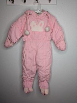 Vintage London Fog Baby Pink Bunny Snowsuit Hooded Winter Bunting 18M