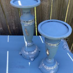 Pair Nice Blue Candle Holders Wood 