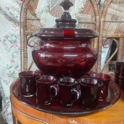 Antique Large Ruby Glass Punch Bowl And Under plate With 5 Cups 16" By 14"
