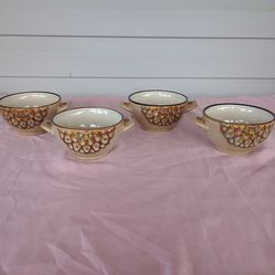 Vintage Rare Hand-Painted Ceramic Soup Bowls with Handles - Set of 4