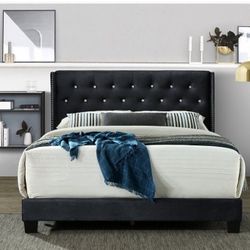 Black Upholstered Tufted Bed Frame, Mattress 