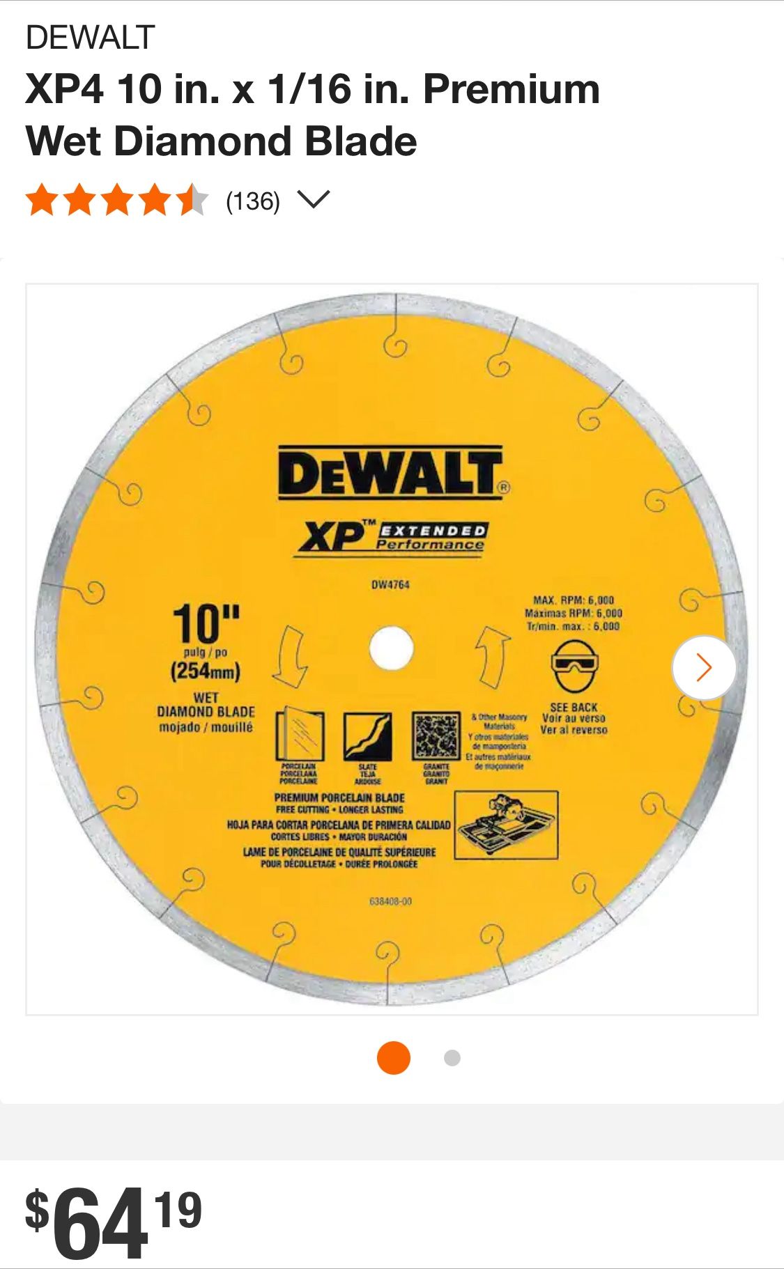 10 In DEWALT Tile Blade