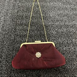 Vintage Revlon Red Taffeta Evening Purse Oxblood Shimmer Gold Tone Chain Strap