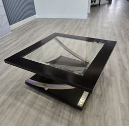 Modern Square Glass Top Coffee Table on Wheels- Black and Chrome - Excellent Condition