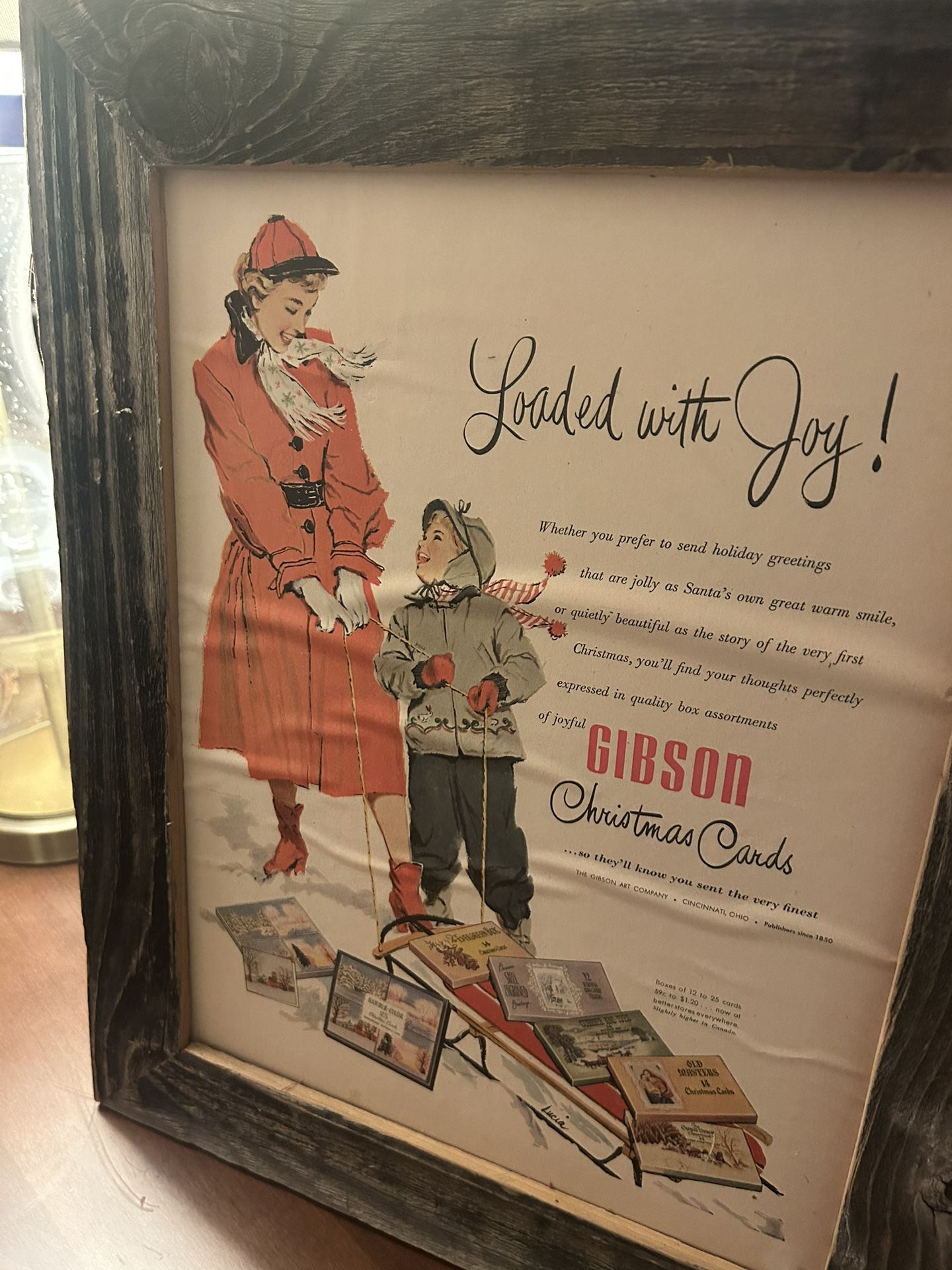 ๐ Framed 1950s Gibson Christmas Ad โ Vintage Holiday Wall Art