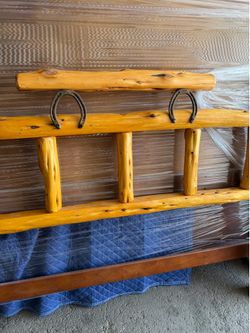 Rustic Log Bed Headboard with Horseshoe Accents