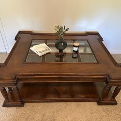 Large Solid Wood Coffee Table w/ Glass Inlay