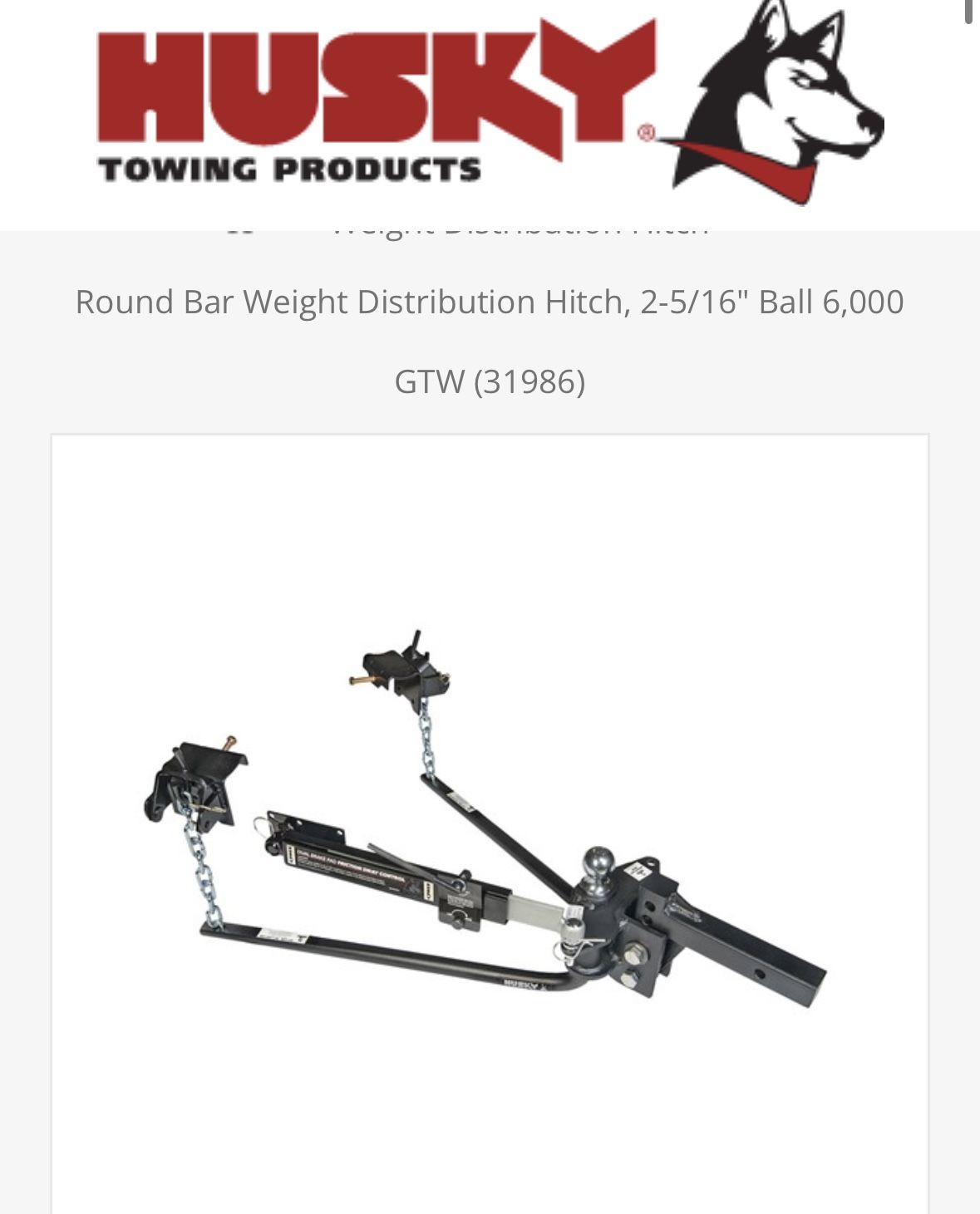 Husky Hitch/weight Distribution Bars/sway Bar 6,000 GTW tow Package 