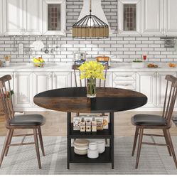 HL034 Round Dining Table, 47" Kitchen Dinner Table with Storage Shelf No Chairs Included 