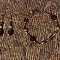 Handmade Brown And Gold Toned Bracelet And Earrings