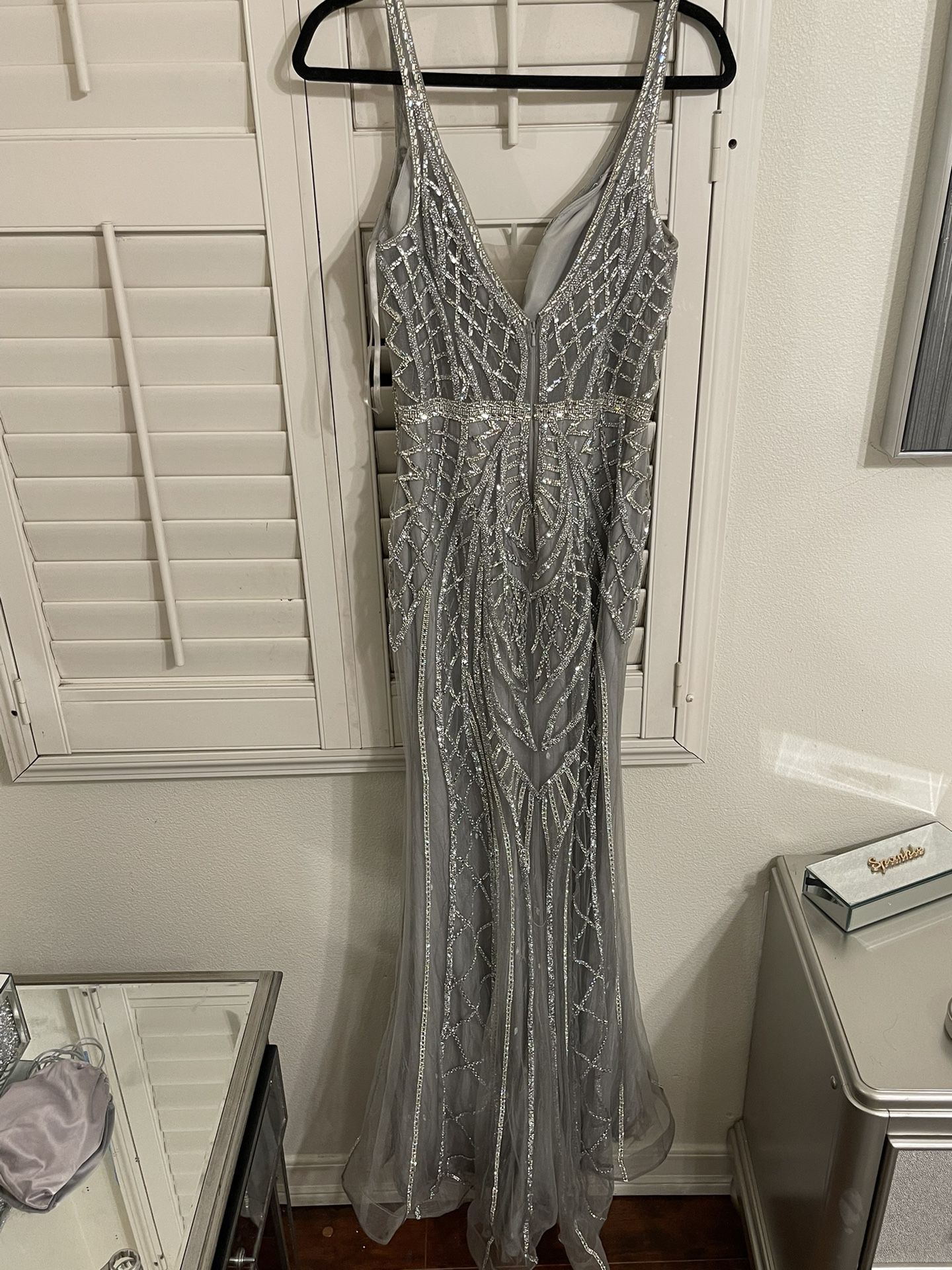 SILVER prom dress, worn once , great condition , taking