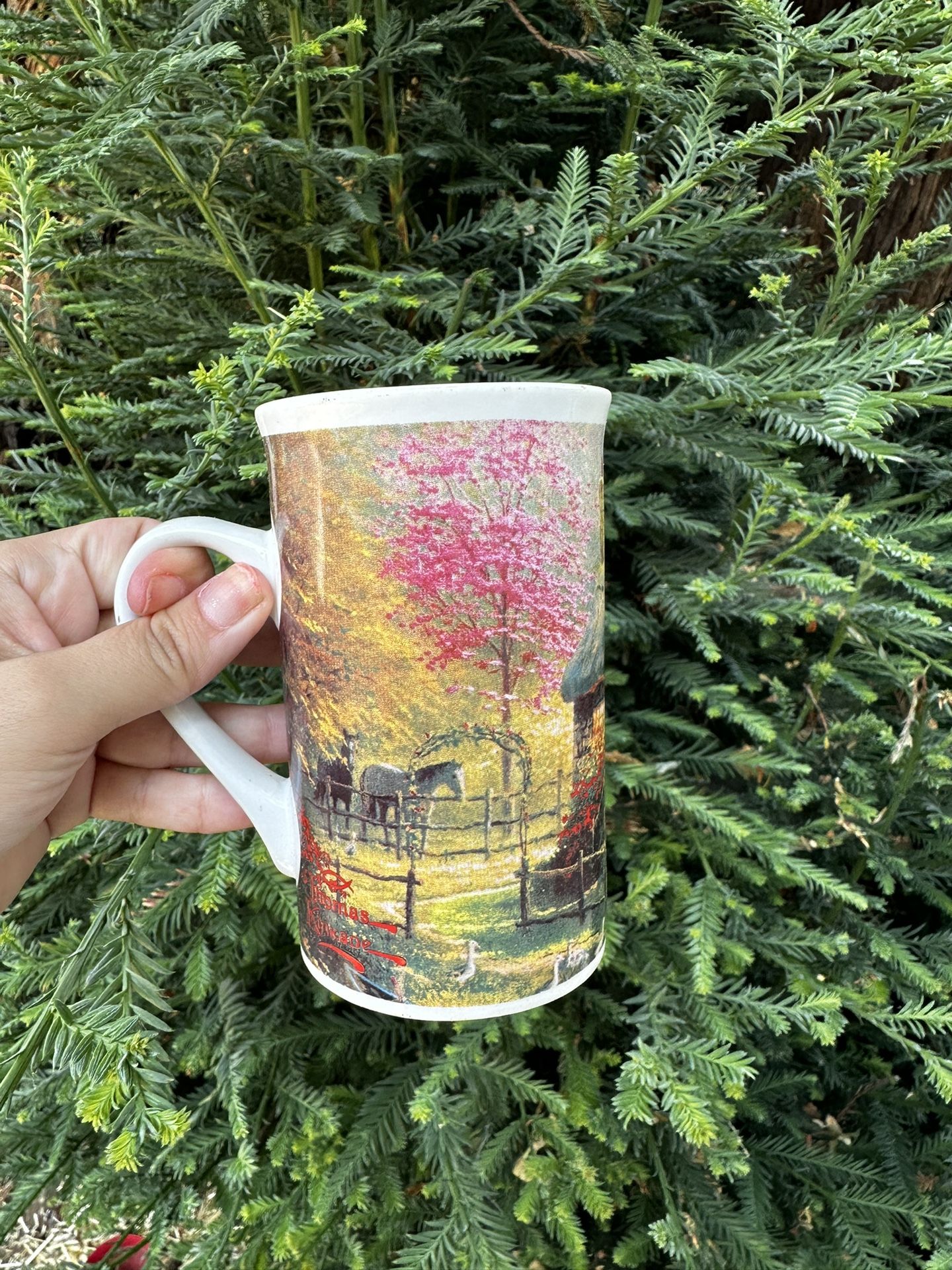 Thomas Kinkade Forest Cottage Horses Flowers Ceramic Coffee Cup Mug 2003