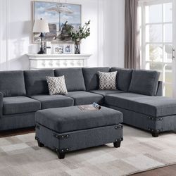 Brand New Grey Chenille Sectional Sofa w Ottoman