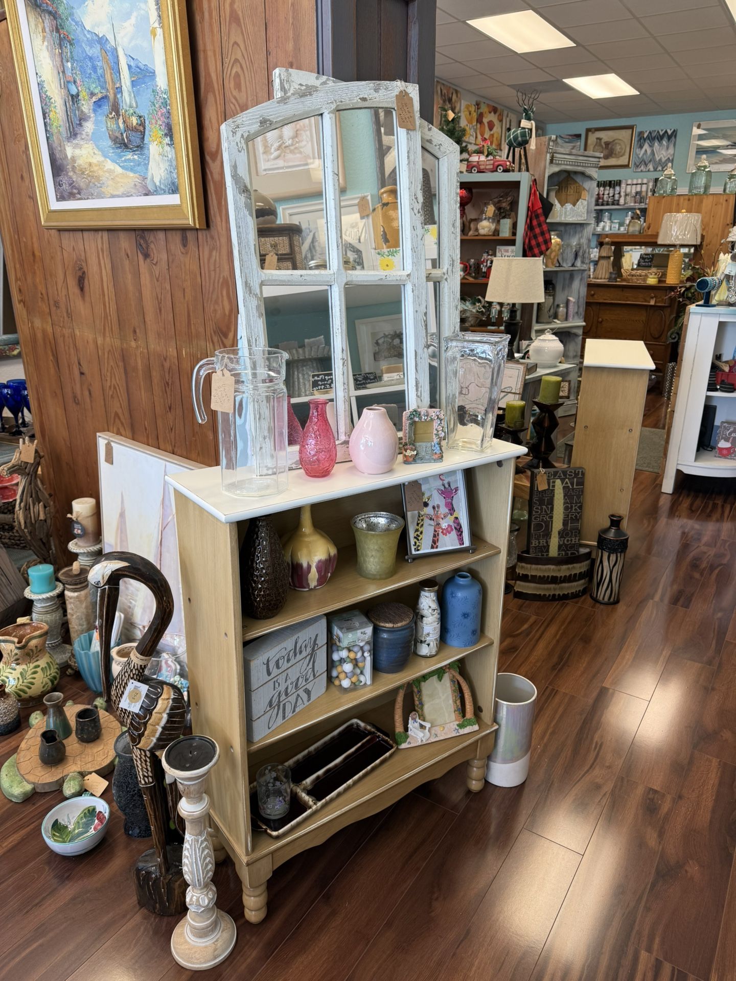 Antique White Top Wooden Bookshelf / Narrow Accent Shelf – Farmhouse & Coastal Style – 36” Tall