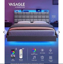 Queen Size Floating Bed Frame with LED Lights, Queen Bed Frame with Charging Station, Tufted Storage Headboard, Upholstered Platform Bed Frame, No Box