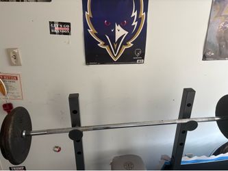Gold's Gym Weight Bench Setup with Barbell and Plate