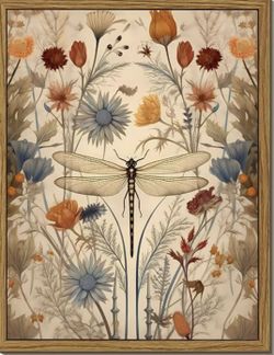 Framed Vintage Dragonfly Wall Art, Whimsical Botanical Floral Picture Wall Decor 8"×10" NEW