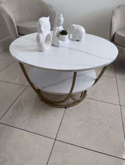 Round Marble-Top Coffee Table with Gold Base