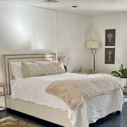 Pottery Barn Upholstered Queen Bed with Nailhead Trim