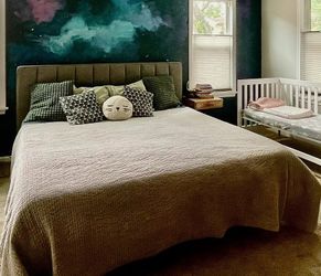 Solid Wood King Bed - Grey Linen (Retail $1,150)