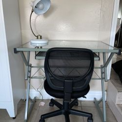 Glass/ Metal Desk with Chair & Lamp