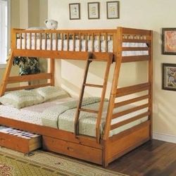 Brand New Honey Oak Twin/Full Bunk Bed with Storage Drawers