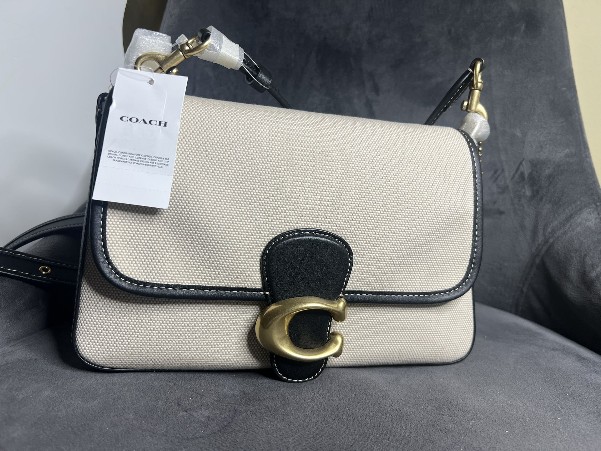 COACH Soft Tabby Shoulder Bag in Salt Stone Canvas and Glovetanned Leather CS717